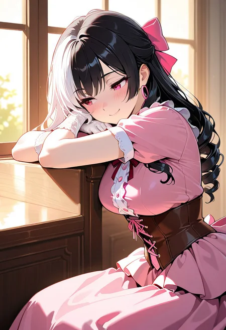 masterpiece, best quality, amazing quality, girl, black hair, perfect eyes, portrait shot, long hair, ringlets hair, bangs, medium breasts, 8k, highest quality, ultra details,1girl, solo, 
Southern Belle, (pink:1.4) hoop skirt dress, corset, cinched waist, short sleeves, pink back hair bow, white hair ribbons, medium breasts, white silk gloves, blush, hand in hair, cute smile, looking out of the window, sunny day, summer season, sitting in front of window, head resting on arm, plantation mansion bedroom, warm colors, warm lighting