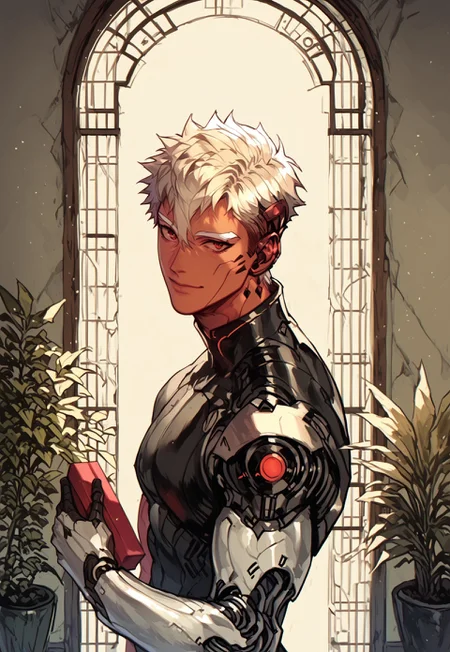 score_9, score_8_up, score_7_up, best quality, 1male, white eyebrows, white bonde hair, styled hair, short hair, white blonde hair, hair between eyes, red eyes, android, robot, robotic body parts, masuline, robotic neck, robotic arms, tan skin, black robotic parts, simple background, toned body,
,
,
dynamic pose, character design, calm look, calm,
,
,
cowboy shot, standing, from side, modern house in the background, plants, large windows, holding a gift box, warm smile, love, pov, looking at the viewer, close up