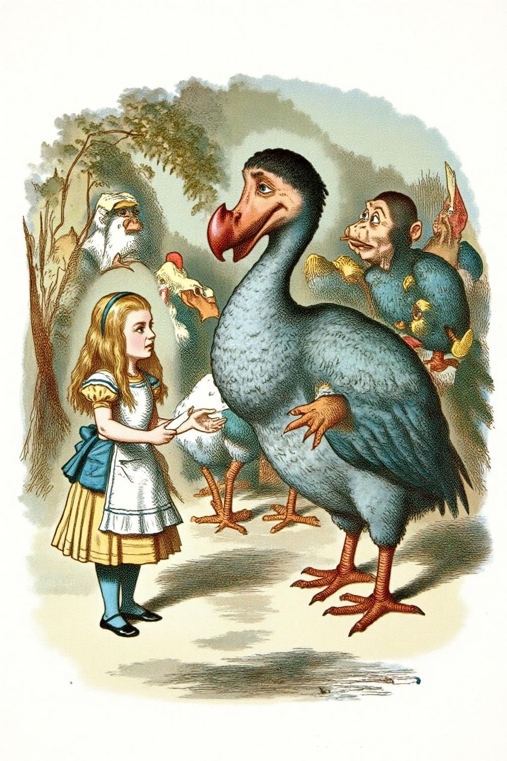 joten1 illustration.
A fantastical encounter between a young girl, Alice, and a giant, prehistoric-looking bird. Alice, wears a blue and white striped dress, a white apron, and white stockings. She is talking with a anthropomorphic Dodo bird. There are other birds and and a monkey behind them. <lora:joten1_cap_d6a3e12:1.0><lora:821754186061530021:0>