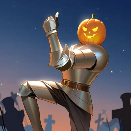 masterpiece, best quality, extreme aesthetic, newest, 1other, solo, hand up, thumbs up, arm at side, knee up, standing on one leg, knight, full armor, pumpkin mask, facing viewer, dancing, dynamic poseoutdoors, night, dark sky, (graveyard:1.1), pumpkin, artist:rei \(sanbonzakura\), artist:ask \(askzy\), artist:sho \(sho lwlw\), artist:wanke, artist:ano \(gccx8784\)