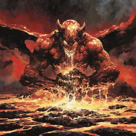 masterpiece, best quality, faux traditional media, acrylic paint \(medium\), painting \(medium\),  monster, demon, wings, demon horns, lava saliva, muscular<lora:EliranKantor_V1_Noob:1.0>