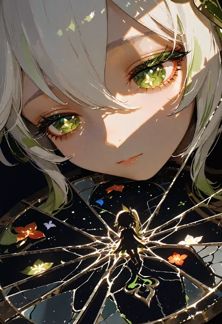 masterpiece, best quality, very awa, absurdres, detailed eyes, detailed face, detailed skin, flat colors, high detailed, high quality, masterpiece, best quality, BREAK,
(cute character:1.5), Surreal dream, close-up of a woman's face, light and shadow forming a dramatic silhouette, double exposure onto cracked glass plates with intricate details, hints of flowers visible within the cracks, 3DCGI anime fantasy artwork, high quality, high resolution, high accuracy, realism, Nahida_(Genshin_Impact), BREAK
<lora:ponyv6_noobV1_2_adamW-000017:0.9> <lora:748cmSDXL:0.8> <lora:DetailedEyes_V3:1> <lora:FINALE:0.5> <lora:noobai_vpred_1_masterpieces_v1:1>