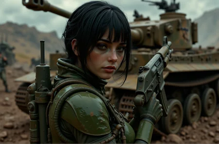 image of a teenage girl, short black hair, hair bangs,small breasts,wearing armor with green patina , she is holding a AK-47 rifle with a steady confidence,, an alien world landscape, a german tiger tank is in the backround ,4k 8k 16k, (best quality), ultra high detailed, global illumination, (intricate details, hyperdetailed:1.2), ultra high-res ,aidmaimageupgrader, <lora:aidmaImageUpraderv0.3:1> <lora:Dieselcore:0.7> d1eselc0re<lora:gun style v1:1>AK-47 rifle <lora:Tiger_Tank_Flux:1>