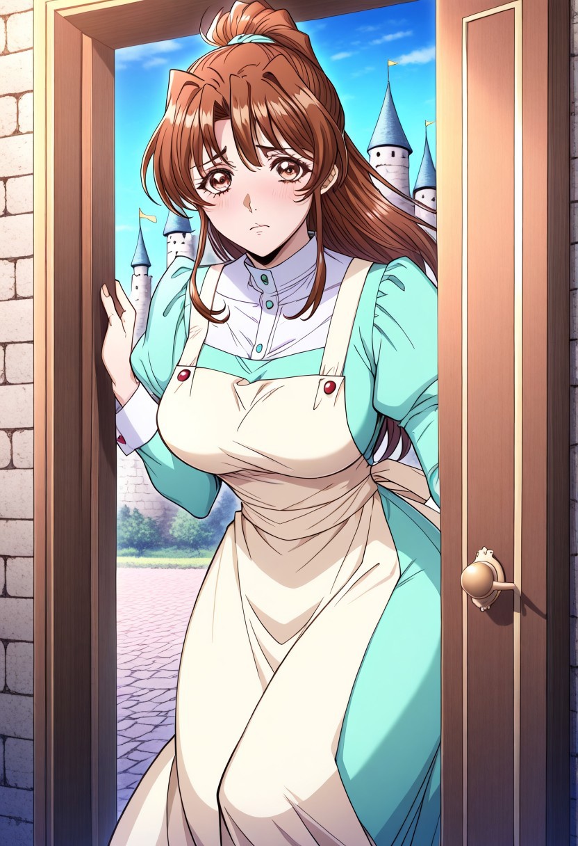 masterpiece, best quality, newest, highres, uncensored, 1girl, yokota mamoru style,1girl,looking at the viewer,shy
Shiria,Brown Hair,Brown Eyes，long hair
Apron, Dress, castle, change clothes, look through the cracks in the door.