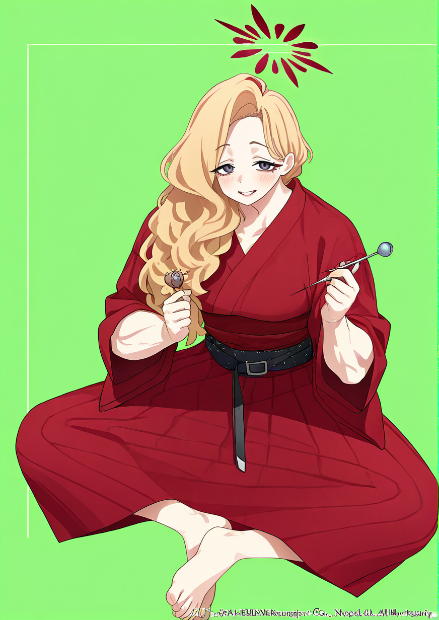 1girl,blue archive,official art,official style,
akemi \(blue archive\), blond hair, long hair, wavy hair, swept hair, muscular female, black eyes, , barefoot, blush, copyright name, cover, cover page, english text, full body, green background, holding, holding needle, japanese clothes, kimono, long sleeves, looking at viewer, needle, obi, pincushion, sash, sewing pin, sitting, smile, solo, wide sleeves, 
very awa, masterpiece, best quality, highres, absurdes,amazing quality,year 2024,newest <lora:akemi_blue_archive:1>