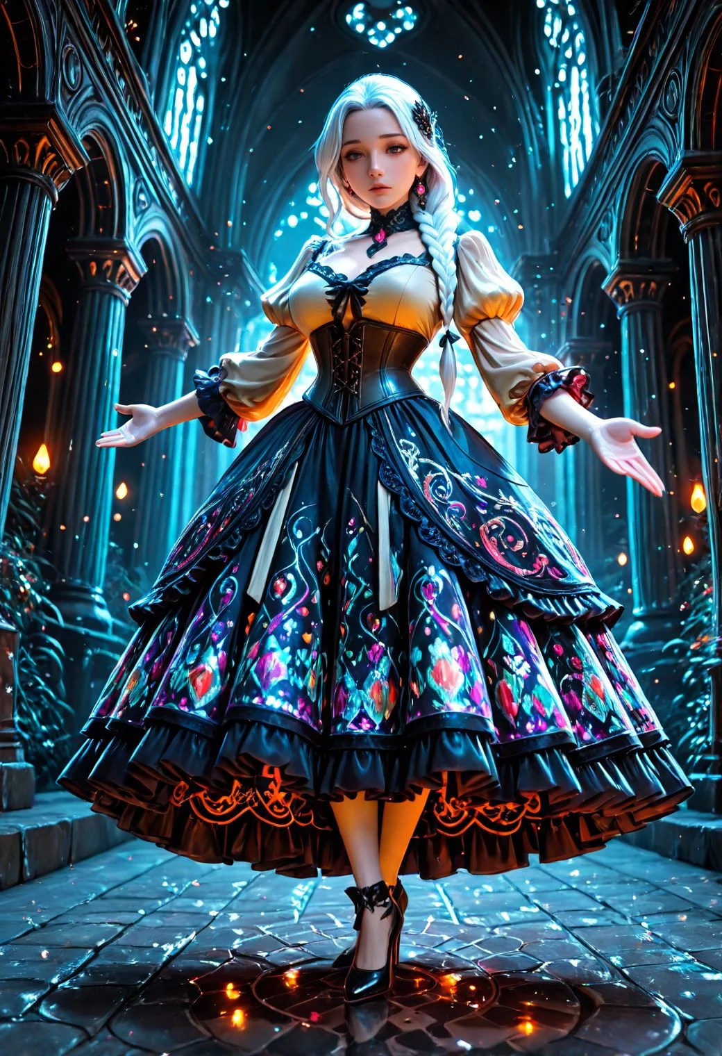 SmoothNoob_Quality, dark, surreal, abstract, gothic, 1girl, mature, arms outstretched, long white hair, intricate hairstyle, braid, hair ornament, ribbon in hair, ornate dress, layered dress, frills, lace, puff sleeves, corset, colorful dress, jewel accents, embroidery, sheer fabric, high heels, dramatic lighting, scenic background, fantasy setting, elegant, <lora:SLE_v2:0.25> <lora:Smooth_Booster_v3:0.5> <lora:All_Disney_Princess_-_Illustrious:0.3> <lora:IncaseStyle_NoobAI:0.25>