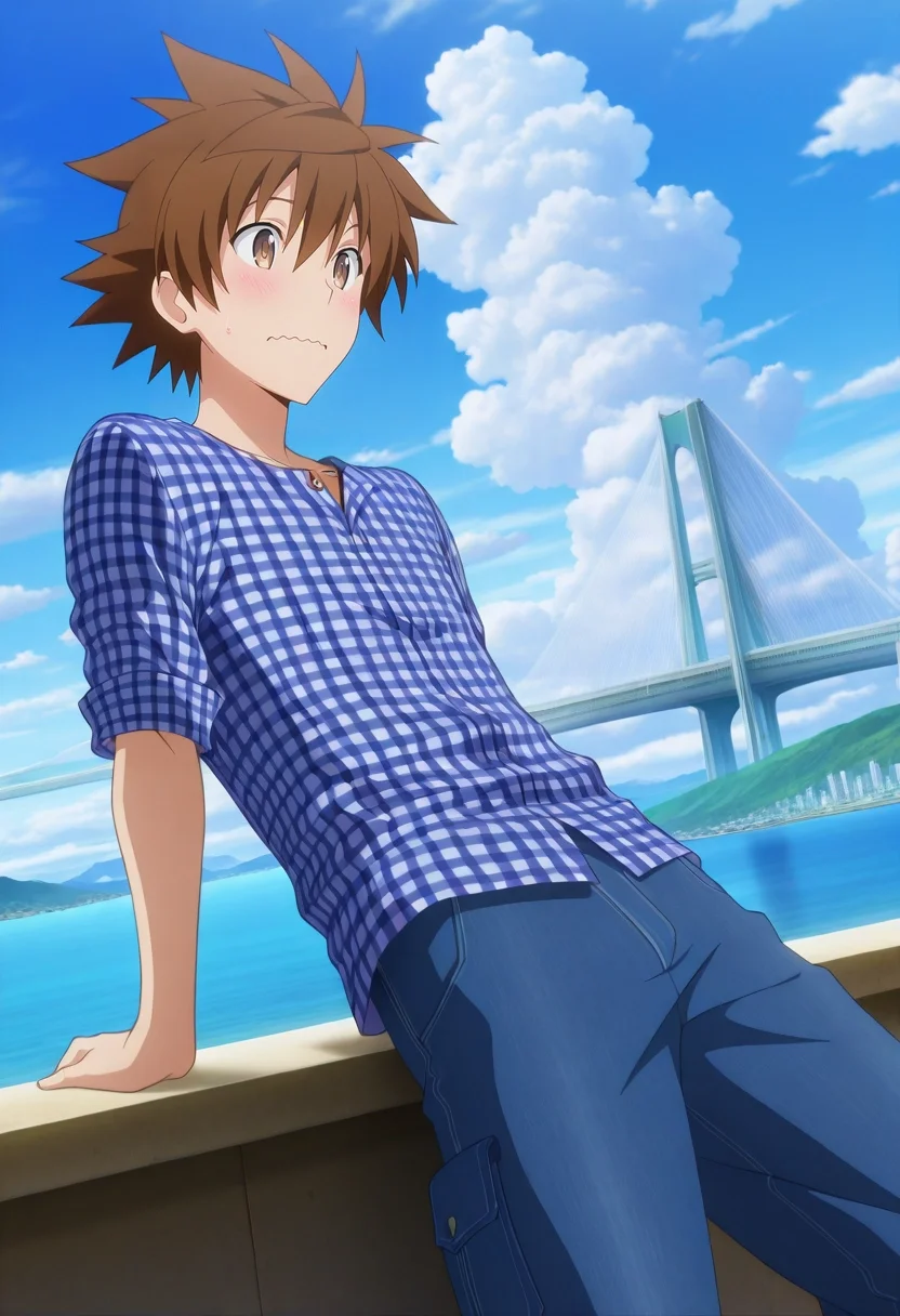 masterpiece, best quality, , anime screencap, , , , 1boy, solo, male focus, <lora:rito_yuuki_ilxl:0.9>, rito_yuuki, brown hair, brown eyes, spiked hair, wide angle, wide shot, cowboy shot, niagara falls, day, clouds, leaning back, wavy mouth, Convertible pants, Tweed SteelBlue Ikat Gingham shirt, , ,