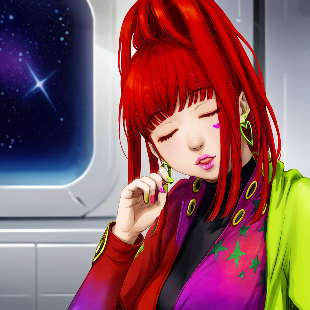 best quality, masterpiece, official artwork, (realistic:0.3), 1girl, solo, sq,  red hair, jewelry, earrings, purple eyes, lips, nail polish, makeup, long hair, ponytail, jacket, dress, spaceship room background, one finger point on face, flirty face, sleeping