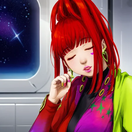 best quality, masterpiece, official artwork, (realistic:0.3), 1girl, solo, sq, red hair, jewelry, earrings, purple eyes, lips, nail polish, makeup, long hair, ponytail, jacket, dress, spaceship room background, one finger point on face, flirty face, sleeping