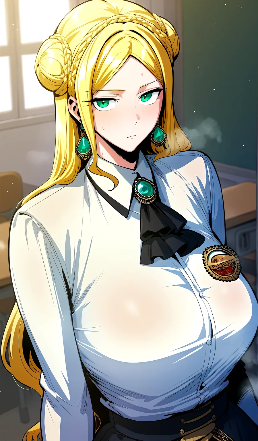 score_9, score_8_up, score_7_up, score_6_up, source_anime, rating_explicit, <lora:neg4all_bdsqlsz_V3.5:2.0>1girl, (solo:1.2), huge breasts,<lora:Erendir von Exilionponyxl:1> blonde hair, green eyes, long hair, braid, hair bun, earrings, double bun, crown braid, long sleeves, black skirt, collared shirt, white shirt, black ascot, brooch, expressionless, Narrow shoulders, sweat, heavy breathing, steaming body, classroom, indoor, looking at viewer