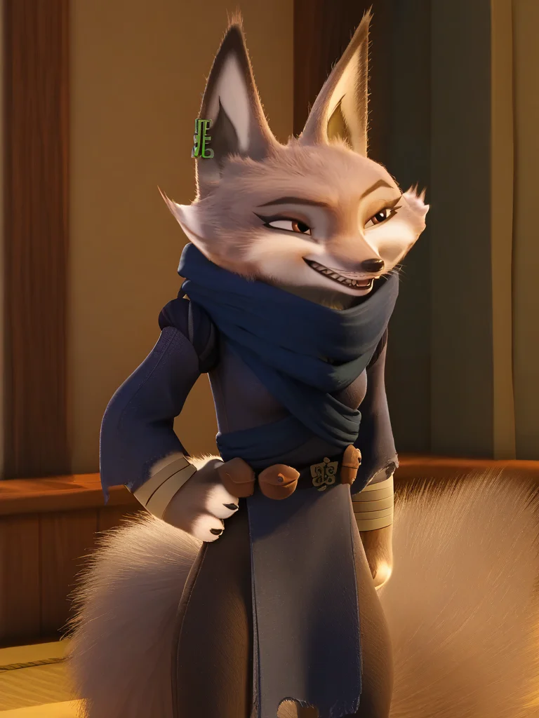 score_9,, source_furry,zhen,brown eyes,two-tone fur, grey and white fur, no humans, sharp teeth, fox girl,fox ears,furry female,fox tail, perfect curvy small breasts, smile, <lora:Zhen__Kung_Fu_Panda_:1>, green ear piercing, jewelry, earrings, fluffy, <lora:DetailedFur:0.2> fur, detailed fur, body fur, tuft, fluffy, claws, 1girl, <lora:StS_PonyXL_Detail_Slider_v1.4_iteration_3:4> ,zhendress,green ear piercing, blue scarf,blue long sleeves,bandaged arm,bandages,belt,ninja,jewelry, earrings, black pants,bandaged leg, torn clothes,