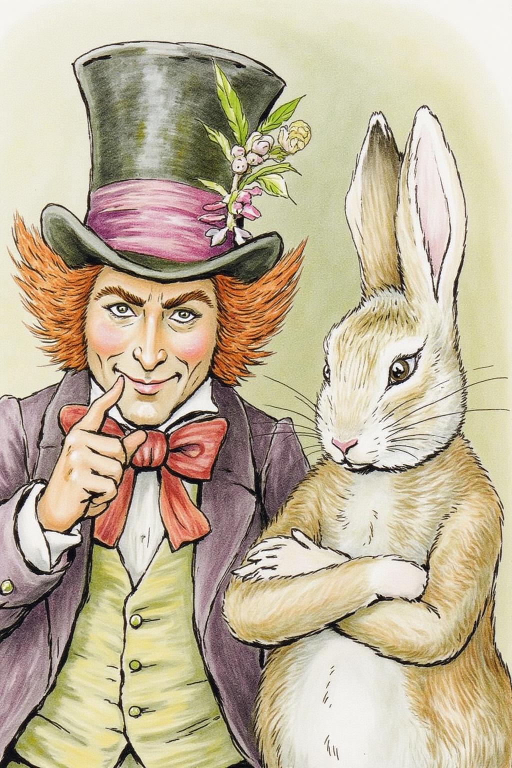beatrixpotter1 illustration.
 Closeup of the Mad Hatter and the White Rabbit from Alice in Wonderland. On the left is the Mad Hatter, wearing a tall top hat and gesturing with his finger. On the right is the White Rabbit, an anthropomorphic rabbit, with his arms crossed
  <lora:beatrixpotter1_d8a4:1.0><lora:867284926045669545:0>