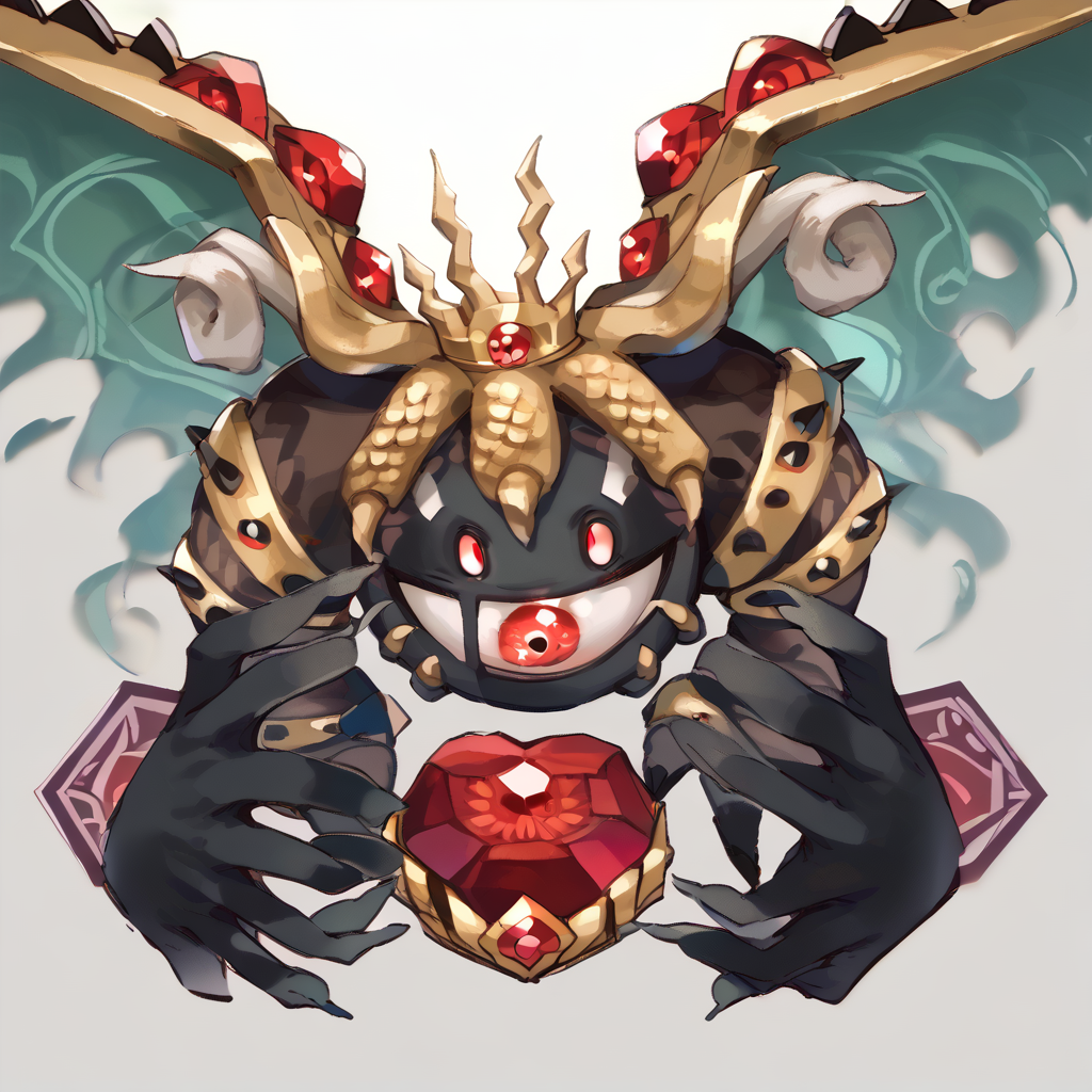 score_9, solo
 <lora:Mahosoul:1> mahosoul, claws, crown, disembodied hand, extra eyes, gem, gold crown, red eyes, red gemstone, solid oval eyes, white eyes, wings, rayman limbs