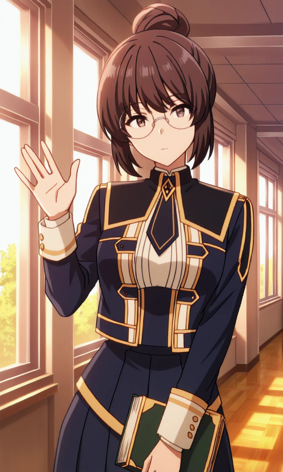 NuMV, 1girl, solo, brown hair, short hair, hair bun, brown eyes, looking at viewer, closed mouth, round eyewear, midgar academy school uniform, hall, school, window, holding book, hand up, waving, leaning to the side, sunlight, depth of filed, perspective, (mature female:0.7), (skinny:0.4),
(masterpiece, best quality:1.0), 