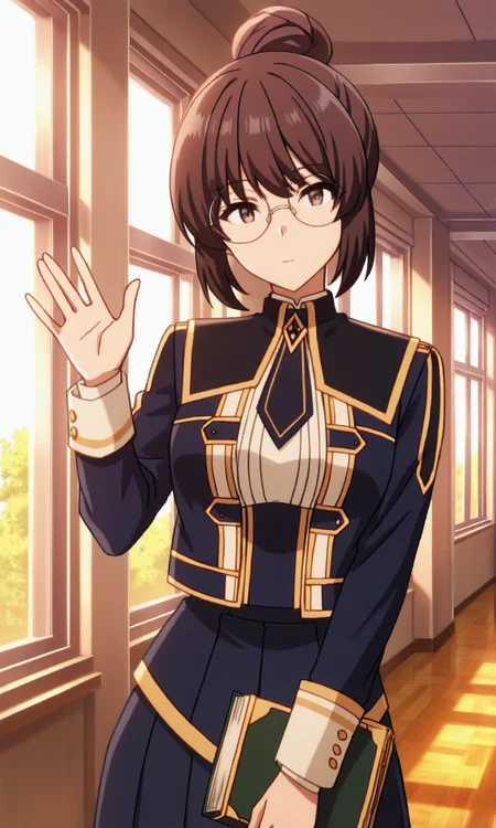 NuMV, 1girl, solo, brown hair, short hair, hair bun, brown eyes, looking at viewer, closed mouth, round eyewear, midgar academy school uniform, hall, school, window, holding book, hand up, waving, leaning to the side, sunlight, depth of filed, perspective, (mature female:0.7), (skinny:0.4),
(masterpiece, best quality:1.0),
