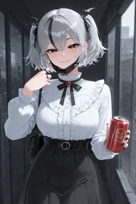 masterpiece,best quality,amazing quality,absurdres, <lora:Camellya_Wuthering_Waves:1>, CamDS, 1girl, alternate costume, black eyes, black nails, black skirt, breasts, can, center frills, drink can, fingernails, frills, grey hair, high-waist skirt, holding, holding can, jewelry, jirai kei, light blush, long skirt, looking at viewer, mask, mask pull, mouth mask, multiple rings, nail polish, red pupils, ring, shirt, short hair, skirt, smile, solo, white shirt