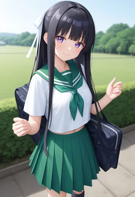kikushita_kotora_(volume7),
masterpiece,best quality,good quality,newest,
outdoors,day,
smile,closed mouth,
looking at viewer,
solo,
anime coloring,1girl,black hair,long locks,hair ribbon,purple eyes,
green sailor colour,green neckerchief,white shirt,short_sleeves,
green skirt,pleated_skirt, arms at side,
standing, holding, schoolbag, black socks, loafers, looking at viewer,
