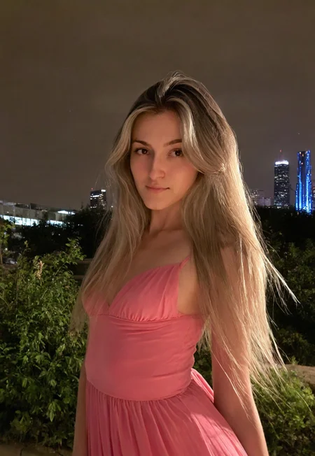 Masterpiece, detailed, realistic, photorealistic, negativeXL_D, sdxl_cyberrealistic_simpleneg, 1girl, detailed face, cute, city background, mid twenties, small breasts,  pink flowing dress, long hair, blonde highlights, Chiaroscuro Lighting Style
