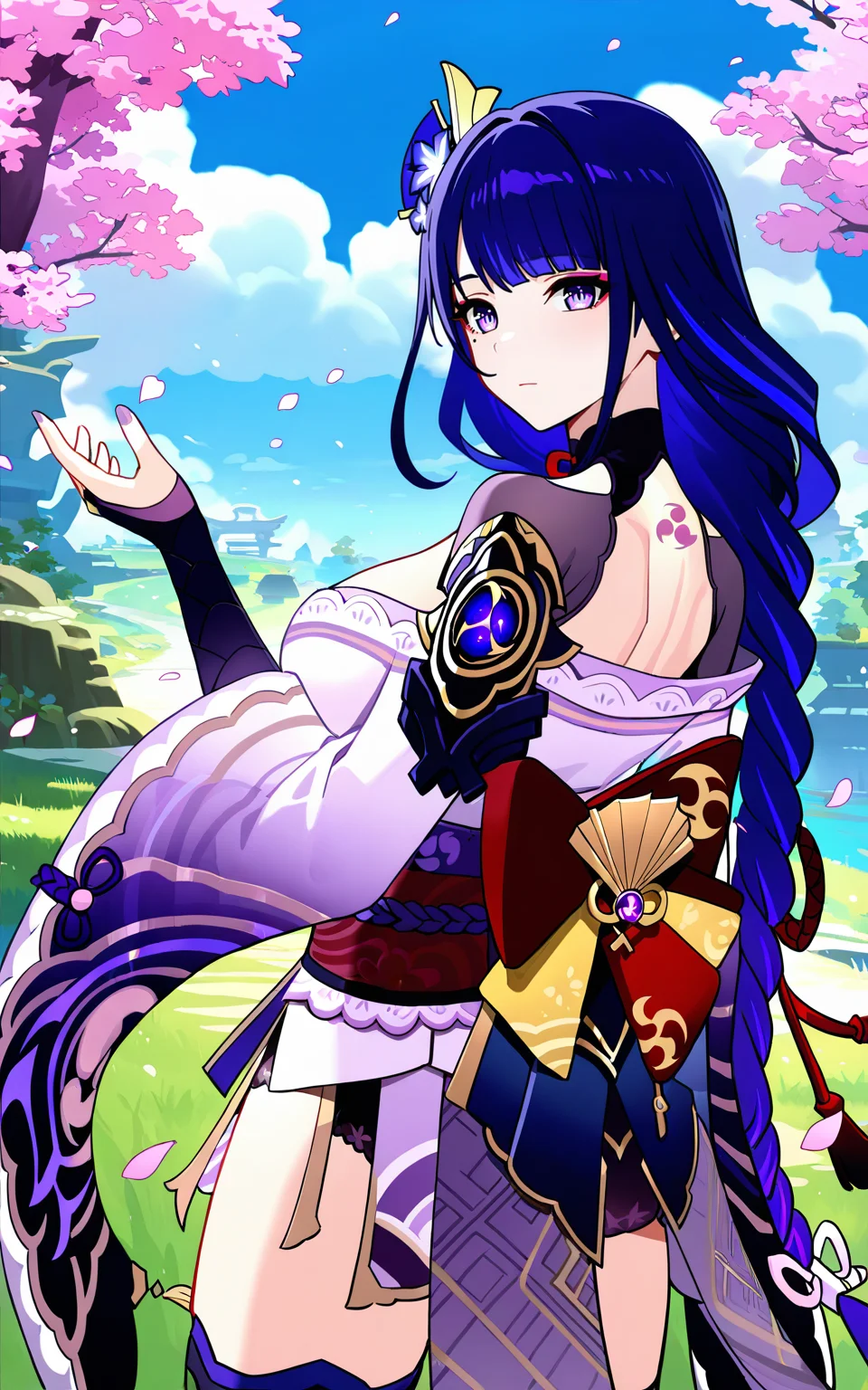 masterpiece:1.2, detailed, 1girl, solo, genshinraidenshogun, eienmusou outfit, long hair, bangs, large breasts, hair ornament, thighhighs, raixx thighhighs, long sleeves, cleavage, purple eyes, purple hair, braid, thighs, hair flower, wide sleeves, blunt bangs, kimono, kihinedai kimono, off shoulder, mole, mole under eye, obi, tassel, bridal gauntlets, shoulder armor, braided ponytail, purple nails, shrug (clothing), obijime, tomoe (symbol), back tattoo, standing, (from behind), (cowboy shot), outdoors, day, sky, clouds, tree, cherry blossoms, grass, closed mouth, looking at viewer, <lora:genshinraidenshogun:1>