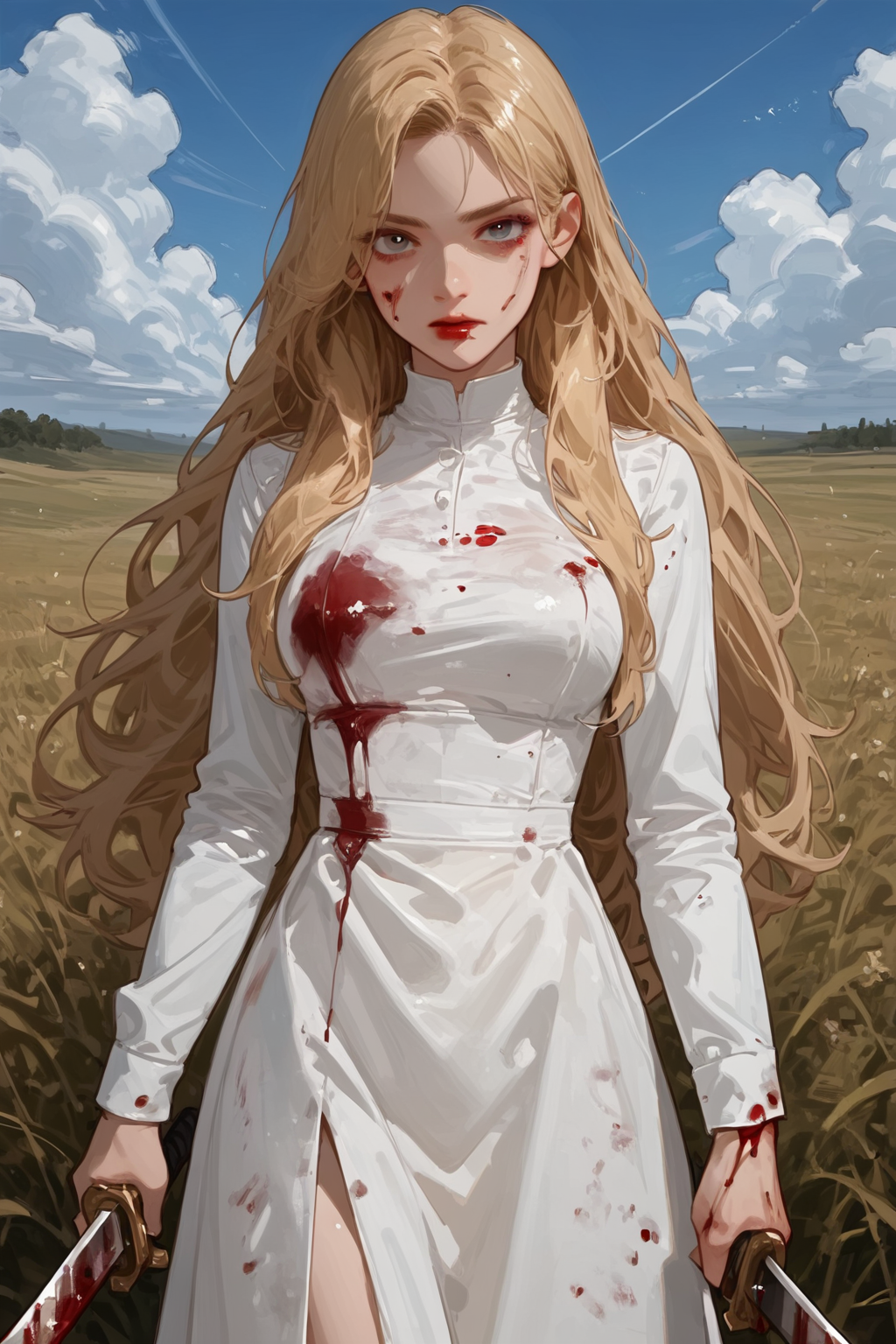 1girl, weapon, dress, long hair, solo, blonde hair, sword, blood on clothes, white dress, blood, looking at viewer, holding, holding weapon, outdoors, holding sword, standing, long sleeves, , field, sky, cloud, breasts<lora:re--mix1:1>