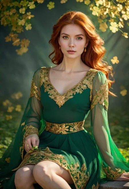 beautiful, Scottish, woman, redhead, (FastNegativeEmbedding:0.9), with green dress with gold clover leaves, torso up potrait, looking at viewer, seductive, photo in phst artstyle, Intricate, Complex contrast, highly detailed, extremely complimentary colors, beautiful, glowing aesthetic, pretty, dramatic light, sharp focus, perfect composition, clear artistic color, calm professional background, precise, joyful, perfect wide long shot visual masterpiece, <lora:MJ52:0.6>