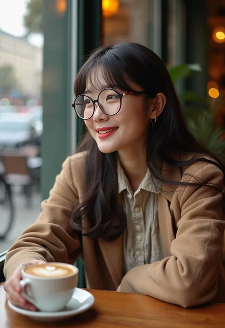a photograph of a korean woman wearing circular framed glasses sitting at a cafe holding a cup of coffee paris fall 2023,