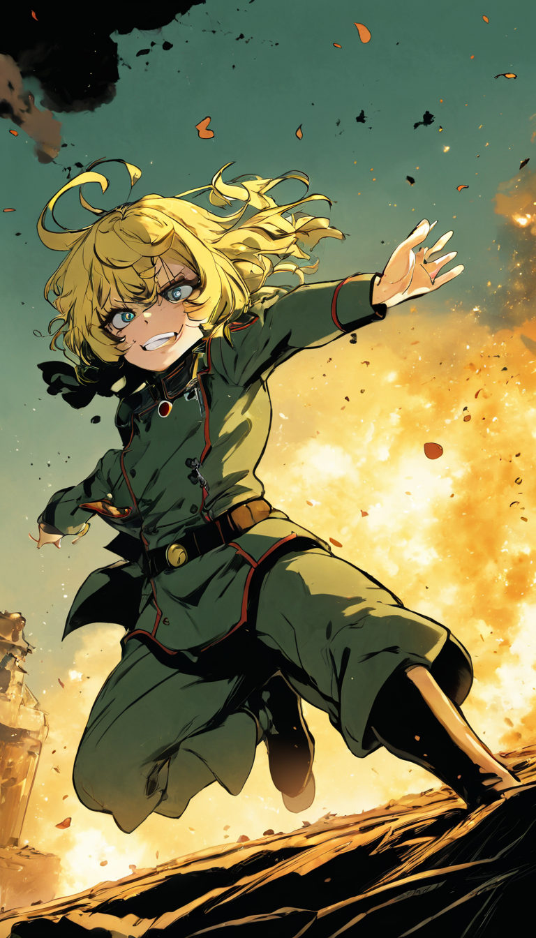 comic Cinematic scene, hero view, Tanya Degurechaff , Youjo Senki, action pose, detailed background, masterpiece, best quality, high quality, absurdres <lora:tanya_degurechaff_xl_v4:1> . graphic illustration, comic art, graphic novel art, vibrant, highly detailed