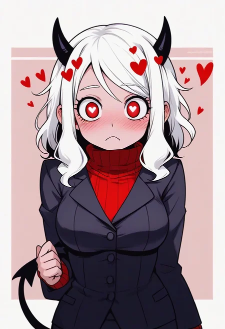<lora:flattening-ponyxl-v1:1.3>, ,, Modeus_(Helltaker),horns, heart, demon girl, demon horns, heart-shaped pupils, symbol-shaped pupils, black horns, medium hair,demon tail, sweater, red sweater, tail, ribbed sweater, long sleeves, turtleneck, black jacket, formal, suit,, Anime eyes, anime face,<lora:add-detail-xl:0.7> <lora:xl_more_art-full_v1:0.1>
