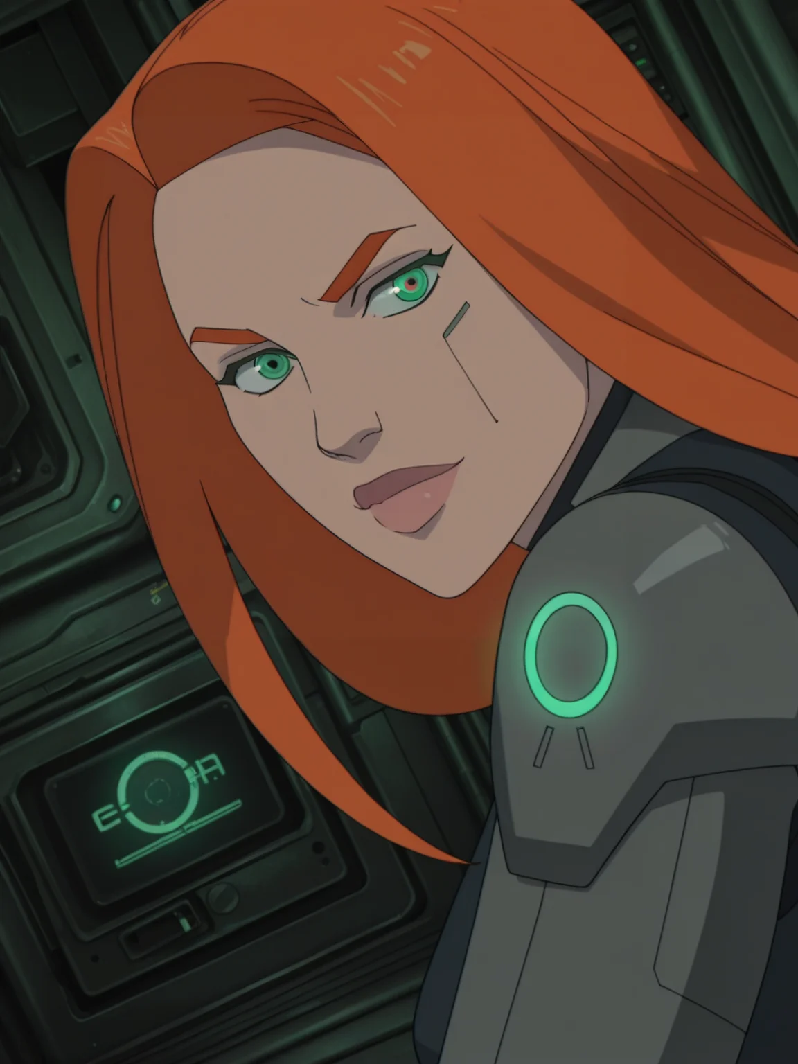 <lora:Atomic_EvaIL:1> a_e, 1girl, long hair, ginger hair, green eyes,
looking at viewer, cyberpunk, augmentations, prosthetic, metal arm, GLOWING CYBERNETIC EYE,difficult background, at night, dynamic pose, upper body