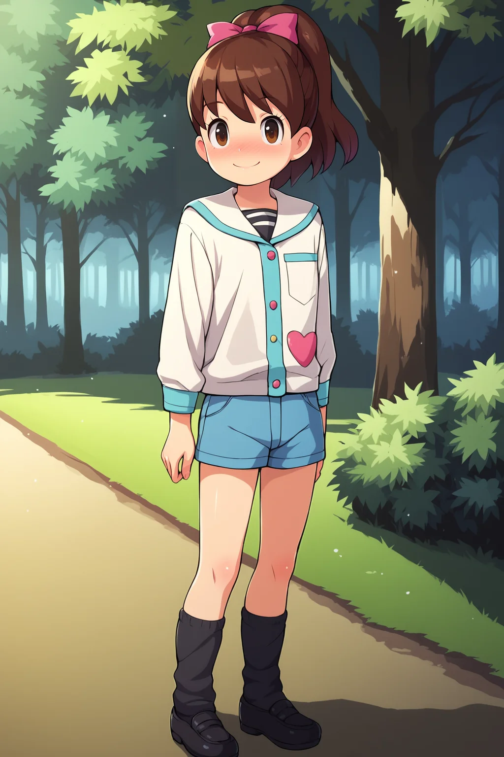 score_9, score_8_up, score_7_up, score_6_up, BREAK, KatieYWPXL, brown eyes, brown hair, short hair, bangs, high ponytail, hair ribbon, pink ribbon, flat chest, serafuku, white jacket, striped shirt, blue shorts, short shorts, black socks, loose socks, black shoes, solo, full body, standing, seductive smile, looking at viewer, naughty face, nose blush, forest, tree <lora:KatieYWPXL:1>