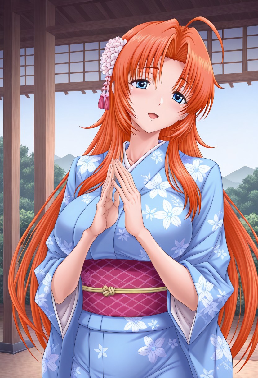 masterpiece, best quality, newest, highres, uncensored, 1girl, motion lines,1girl,,,Inugami Honami,Ahoge hair,Curtained hair,Long hair,Orange hair,Spiky Bangs,Straight hair,Blue Eyes, Tareme Eyes,large breasts 1girl, attractive sexy woman in a traditional kimono with floral print looking at camera posing in Japanese garden, 1girl, solo, Japanese clothes, kimono,hair ornament, crossing hands,