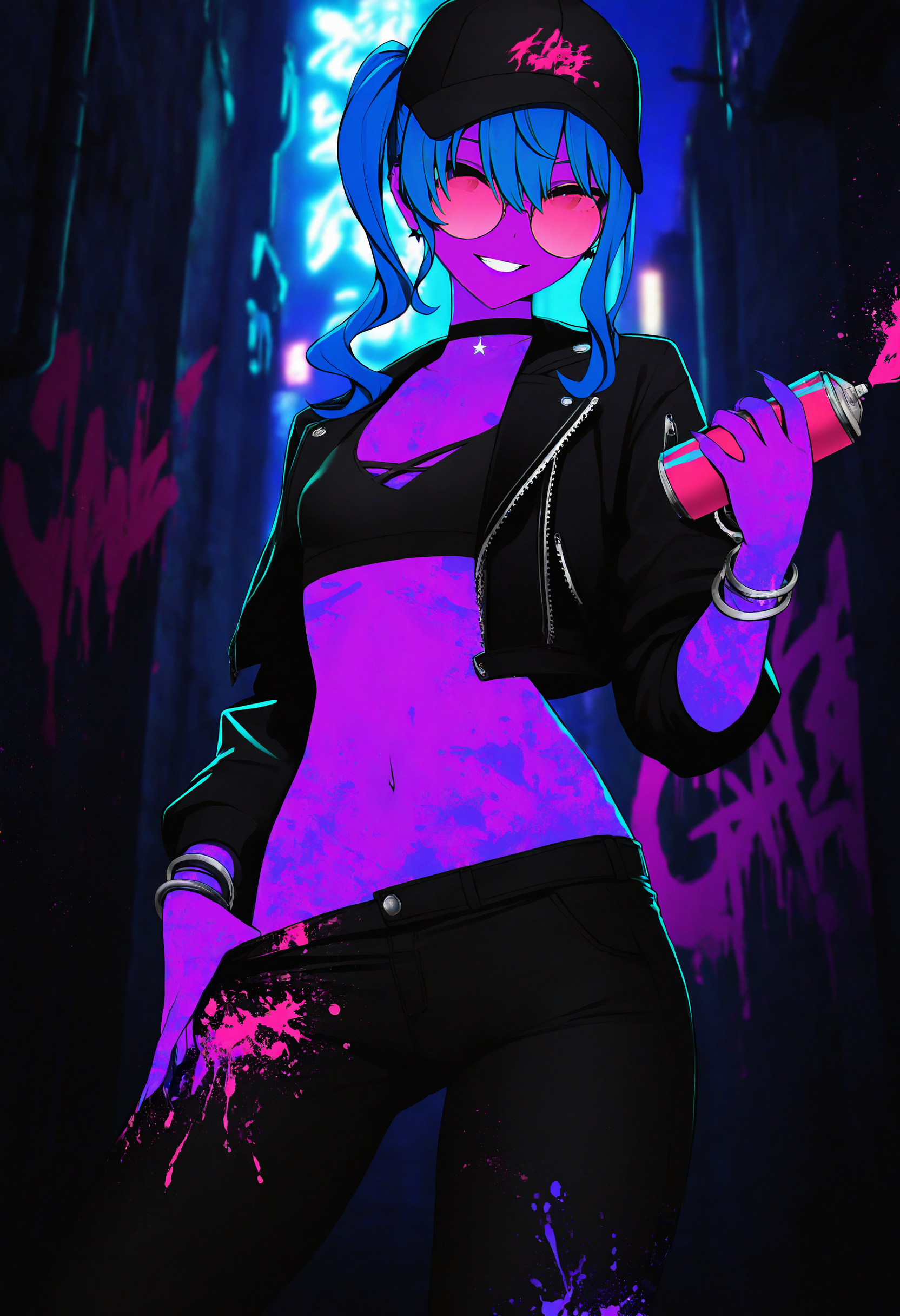 ultraviolet, hoshimachi suisei, 1girl, side ponytail, solo, 
bracelet, jacket, jewelry, bodypaint, cropped jacket, clothes pull, baseball cap, tinted eyewear, choker, pink-tinted eyewear, open clothes, pants, open jacket, makeup, round eyewear, small breasts, crop top, idol, single pantsleg, claws, spray can, smile, paint splatter, earrings, bangle, night, city lights, alley, graffiti, dark, spot color,
masterpiece, best quality, very aesthetic
 <lora:noobai_vpred_1_ultraviolet_raver_v1:1>