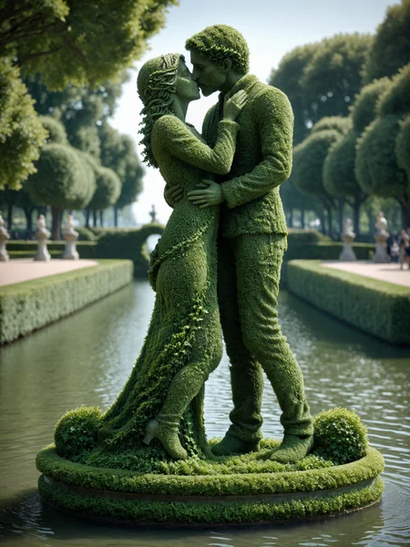 mad-hecke antique statue of a man and a woman kissing, water, public park in background <lora:Hedge_Row_Style_SDXL:1>, (masterpiece:1.2), best quality, (hyperdetailed, highest detailed:1.2), high resolution textures
