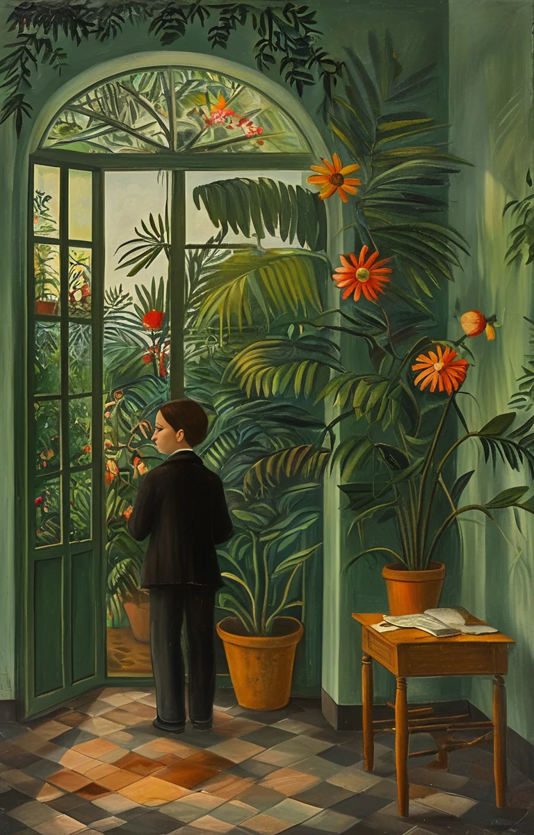 masterpiece,best quality,<lora:tbh128-sdxl:0.9>,A child is doing homework,oil painting,style of Henri Rousseau,