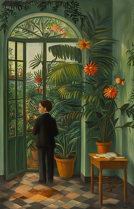 masterpiece,best quality,<lora:tbh128-sdxl:0.9>,A child is doing homework,oil painting,style of Henri Rousseau,