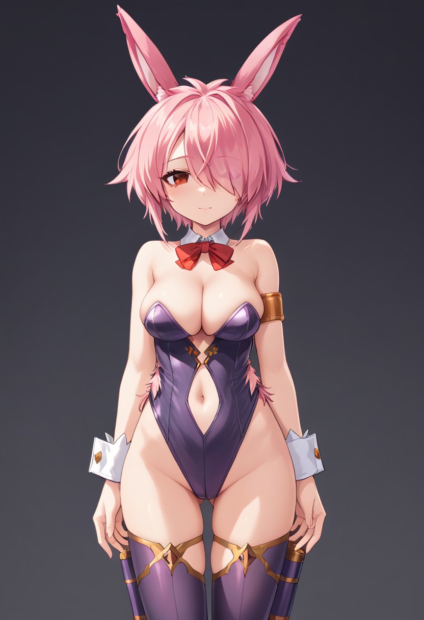 score_9, score_8_up, score_7_up,masterpiece, best quality, absurdres, extremely detailed,2d,source anime,1girl,pink hair,red eyes,purple suit,thighhighs,cleavage,short hair,hair over one eye, rabbit girl,rabbit ears,cowboy shot