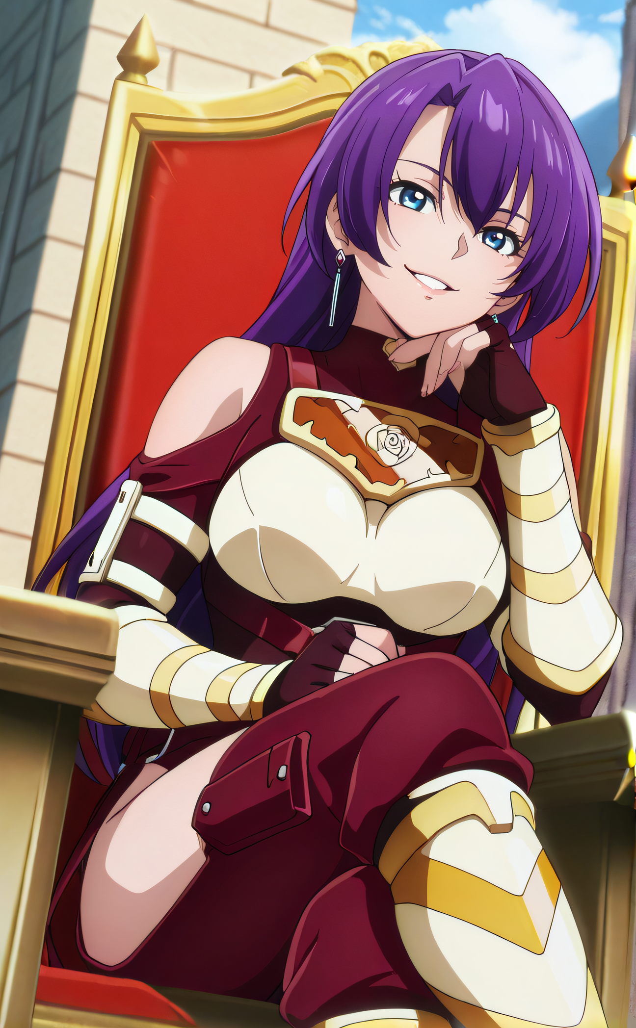 masterpiece, best quality, highres, newest, 1girl, solo, official style, anime screencap, <lora:Towa_Amane:1>, amane, purple hair, blue eyes, earring, fingerless gloves, armor, fingerless gloves, looking at viewer, smile, outdoor, cowboy shot, crossed legs, sitting on throne, hand on chin, parted lips