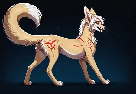 reallynxgirl_style, by Zackary911, by Kenket, by Kilinah, by fluff-kevlar, feral, mommy female black fennec fox, solo, long white hair, red eyes, fangs, full body, one big tail, dark background. dark priest with black and red cloack, full body concept, realism