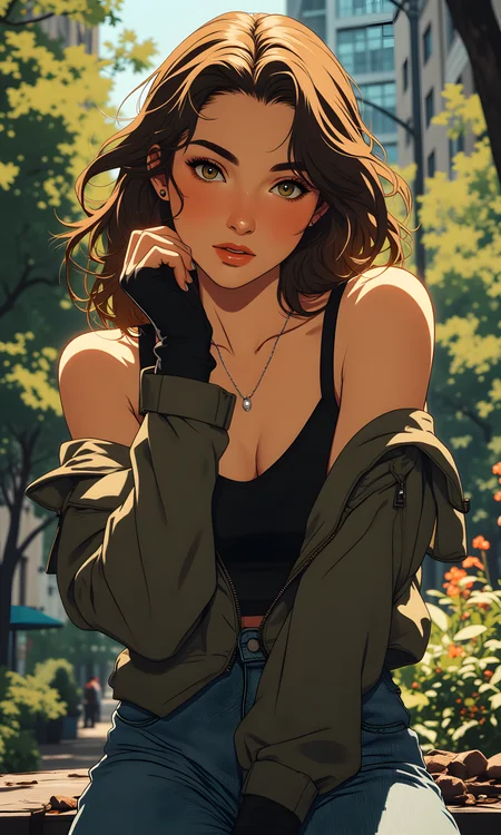This image captures a serene and stylish scene featuring a woman standing outdoors. The camera is positioned at eye level, providing a direct and engaging perspective of the subject. The angle is slightly angled to her left, allowing for a clear view of her face and the surrounding environment.
The lighting in the image is soft and natural, likely from sunlight filtering through the trees. The light type appears to be natural daylight, which creates a warm and inviting atmosphere. The light direction is from above, casting gentle shadows that highlight the contours of her face and the texture of her clothing.
The woman is looking directly at the camera, making eye contact with the viewer. Her expression is calm and composed, adding to the overall sense of tranquility and connection. She has long, wavy hair that falls loosely around her shoulders, adding to the relaxed and casual feel of the scene.
She is wearing a black tank top paired with blue jeans, which create a balanced and stylish outfit. Her pose is relaxed yet confident, with one hand resting on her chin and the other arm crossed over her body. The background features a mix of trees and buildings, suggesting an urban park or garden setting.
The overall mood of the image is one of simplicity and elegance, capturing a moment of quiet beauty and style. The combination of the woman's outfit, the natural lighting, and the peaceful setting creates a visually appealing and memorable photograph.
BREAK anime, d13s3lp2nk, bboil artist style, OBdonman, Anime art, <lora:FLUX\Anime Art V3:0.4>, <lora:FLUX\Synesthesia:0.2>, <lora:FLUX\RetroAnimeS1.1:0.4>, <lora:FLUX\Flux-jijia:0.1>, <lora:FLUX\It's a LoRA for portraits, BUT! actually specialized in backgrounds. v1.0:0.1>, <lora:FLUX\GLSHS:0.2>, <lora:FLUX\Dieselpunk Delight - s0_9 g4:0.2>, <lora:FLUX\OBdonman, anime0style portrait:0.1>