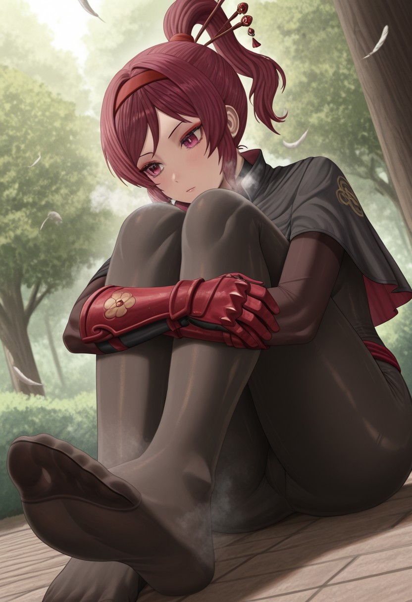 silvertsuki,  outdoors, undershirt, falling feathers, black bodysuit, hair stick, hugging own legs, , gauntlets,   eyeshadow,   red gloves,  high ponytail,  , black capelet, red hairband, pink eyes, 1girl, solo, feet, visible breath,   dynamic angle, foreshortening, smell, steam,