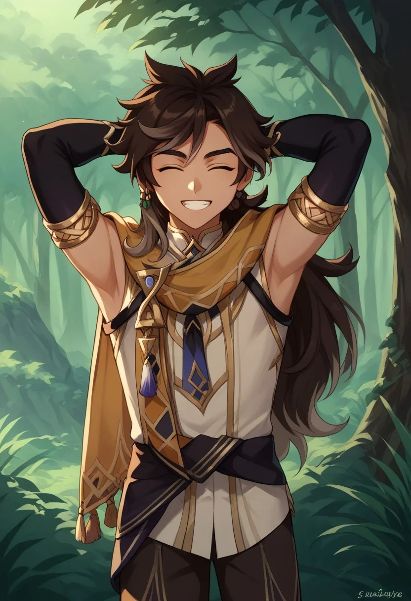 score_9, score_8_up, score_7_up, source_anime, highly detailed,
sethos, 1boy, male focus, solo, dark skin, dark-skinned male, multicolored hair, two-tones hair, streaked hair, brown hair, black hair, long hair, closed eyes, shirt, white shirt, sleeveless, pants, brown pants, elbow gloves, black gloves, finglerless gloves, jewelry, armlet, earrings, single earring, scarf, cape, tassel, smile, happy, open mouth, hands behind head, grin,
outdoor, forest,