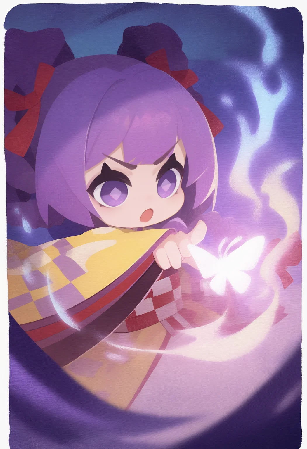 onmyojistyle, chibi, masterpiece, best quality, <break> white border, solo, 1girl, :o, outstretched arm, butterfly on hand, casting spell, purple hair, braided hair rings, hair ribbon, red ribbon, purple eyes, diamond-shaped pupils, v-shaped eyebrows, japanese clothes, checkered clothes, yellow kimono, sash, obi, wide sleeves
 <segment:yolo-Anzhc Face seg 640 v2 y8n.pt,0.4,0.5//cid=1>