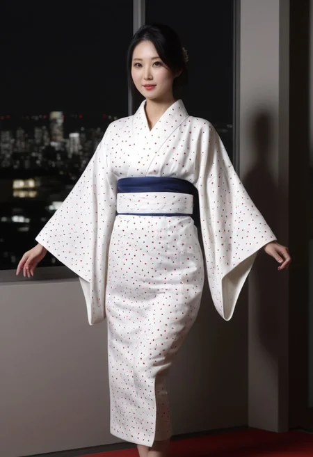 FOTOREALISTIC, night, long_straight black hair, sexy_beautiful japanese_lady, tall, white_japanese_kimono_with_big_round_red_filled_circles, apartment, background window_tokio at night,  score_9, score_8_up, score_7_up, score_6_up, score_5_up, score_4_up, UHD, 8K, masterpiece, ultra-realistic, Ultra detailed photorealistic background, photoreal, realistic high detailed beautiful face, anatomic correct bodies, ultra_high_resolution, Extremely Realistic, lots of detail, emty_hands, hands_hidden, sexy_red_boots.