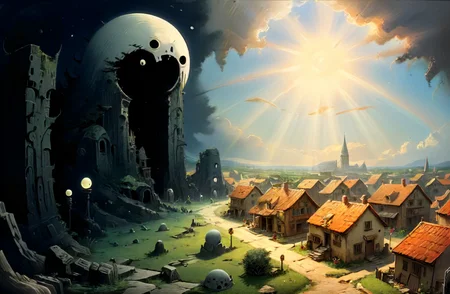 studio ghibli, infuriating puzzle,  darkest small necropolis night of the envy sitting hiding tiny dead wast (landscape:1.1), moon, eclipse, fog, BREAK lovely day of the happy living thriving busy (village:1.1) city, sun, god-rays, highly detailed, landscape, panorama, wide-angle, moody, atmospheric, masterpiece, high resolution, hdr, 8k, composition, shadows, clouds, (complex:1.2), (intricate:1.1),  <lora:- SDXL - vanta-black_contrast_V3.0:0.7>, <lora:- SDXL - otclillsn_impossible_geo_V1.0:0.7>, <lora:dfantasy:0.8>, <lora:The_Simplest:0.8>, <lora:DonMP41n717Bl4ckXL:0.4>, <lora:SDXL - Style - EldritchRomanceIllustration1.3.1:0.4>, <lora:artfullyECHELIER_SDXL_V1:0.4>