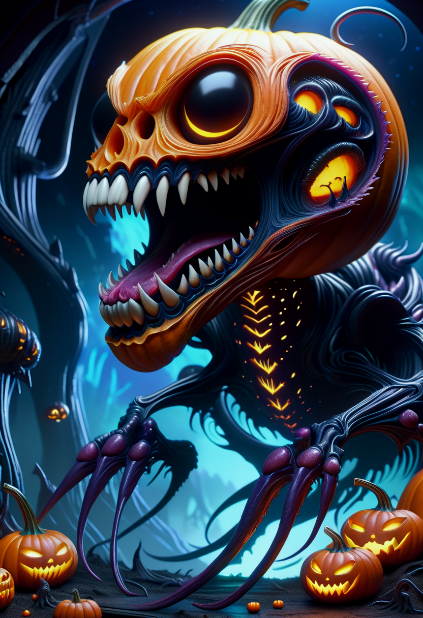 hyper detailed masterpiece, dynamic realistic digital art, awesome quality,DonMX3n0XL,pumpkin carving, 3d sculpting, pop culture reference, tongue sticking out, organic  xeno biology , eerie glow <lora:DonMX3n0XL-000008:0.8>