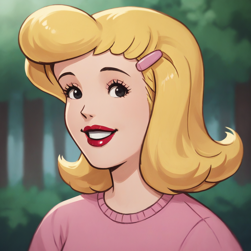 score_9_up, score_8_up, BREAK, CookieBumstead, 1girl, solo, blonde hair, short hair, black eyes, hairclip, lipstick, pink shirt, upper body,  <lora:CookieBumstead_Blondie_PXL_Leaf2:1>, smile, forest,