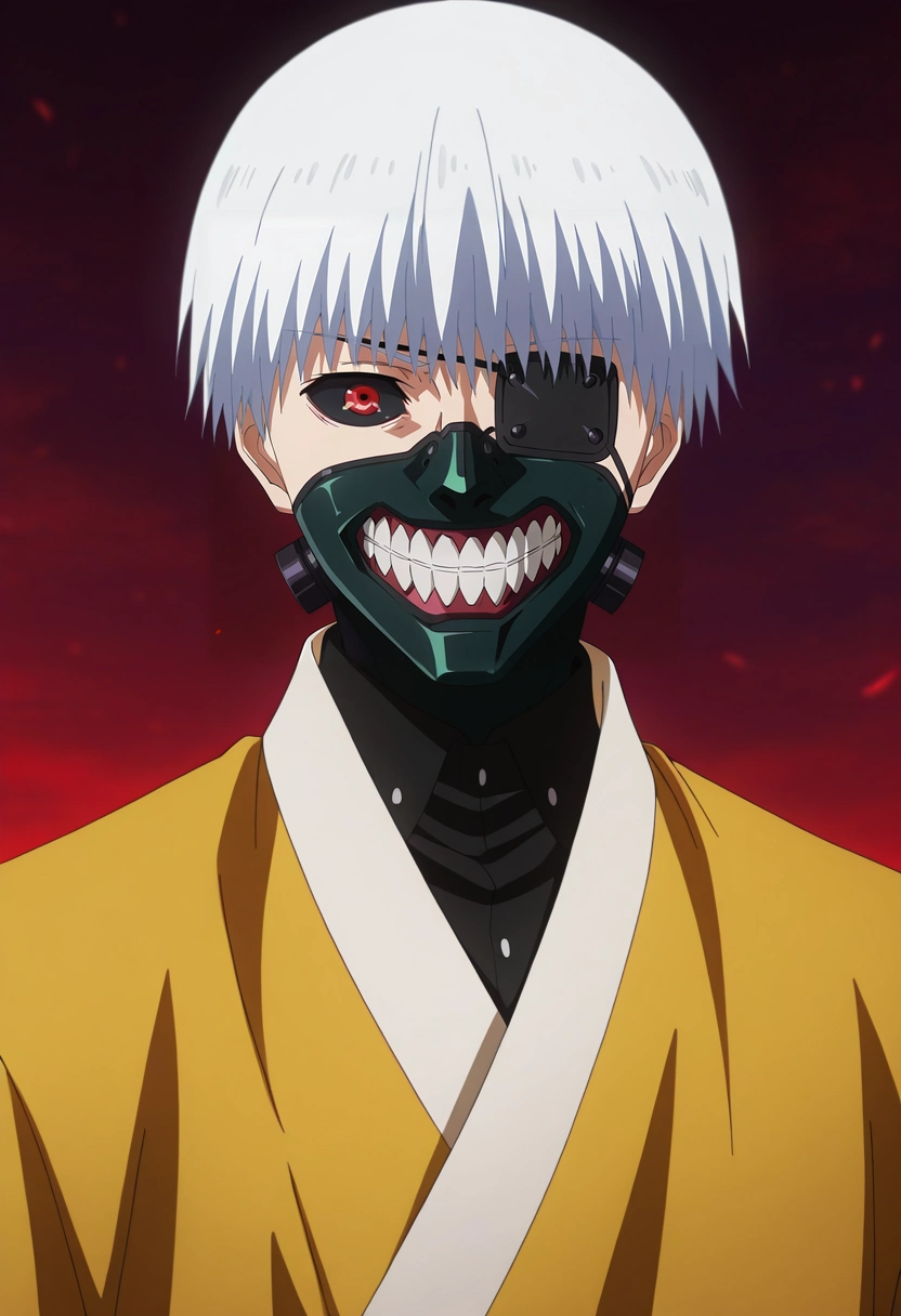 masterpiece, best quality, , anime screencap, anime coloring, official style, , 1boy, solo, male focus, <lora:ken_kaneki_ilxl:1>, ken_kaneki, white hair, , short hair, bangs, , eyepatch, mask, mouth mask, teeth, colored sclera, black sclera, red eyes, heterochromia, , indian costume