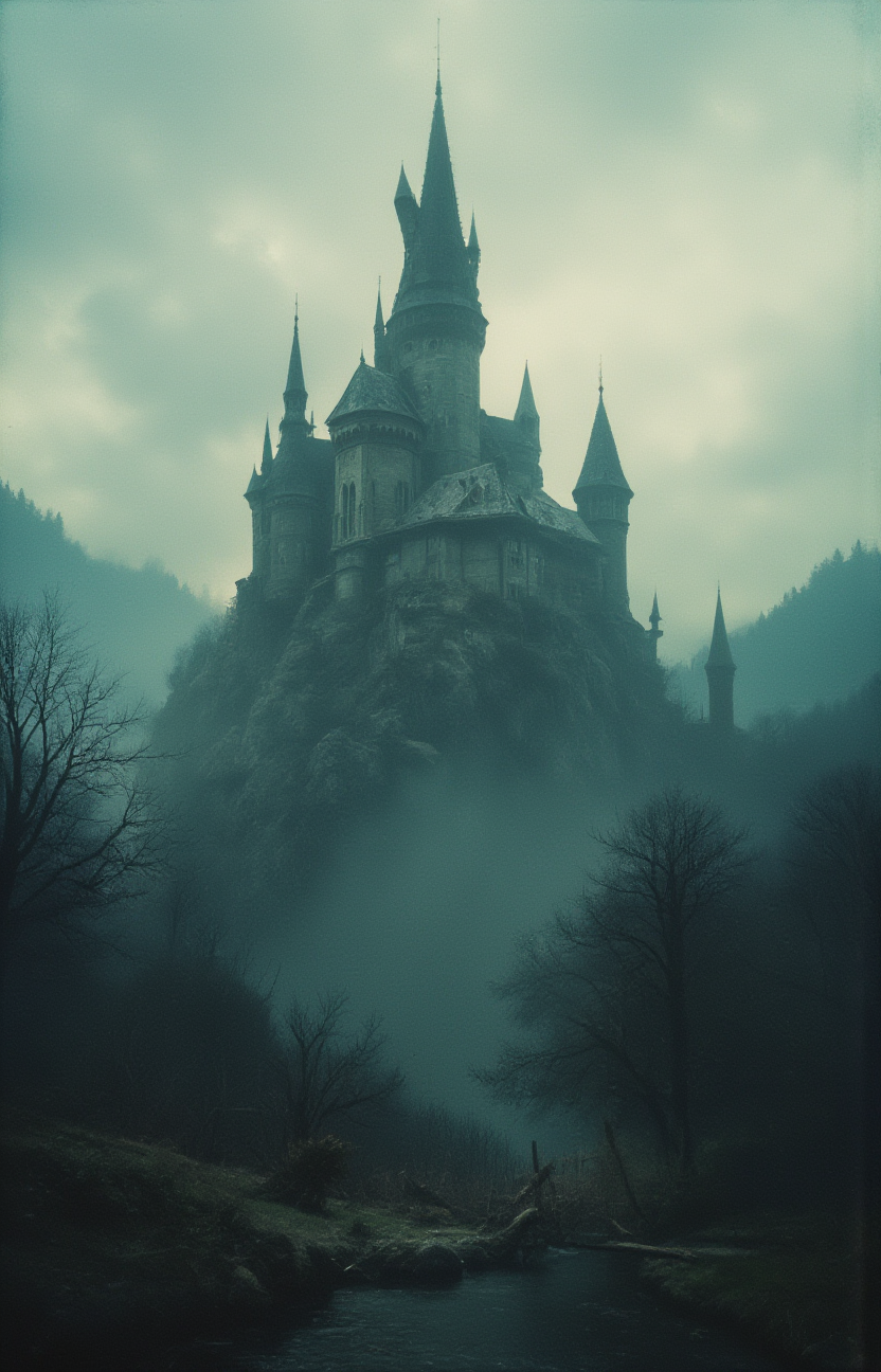 an old castle, mysterious, soothing, shadows, mountain, in a cinematic style and film grain    <lora:- Flux1 - soothing_atmo_V2.0:.8>