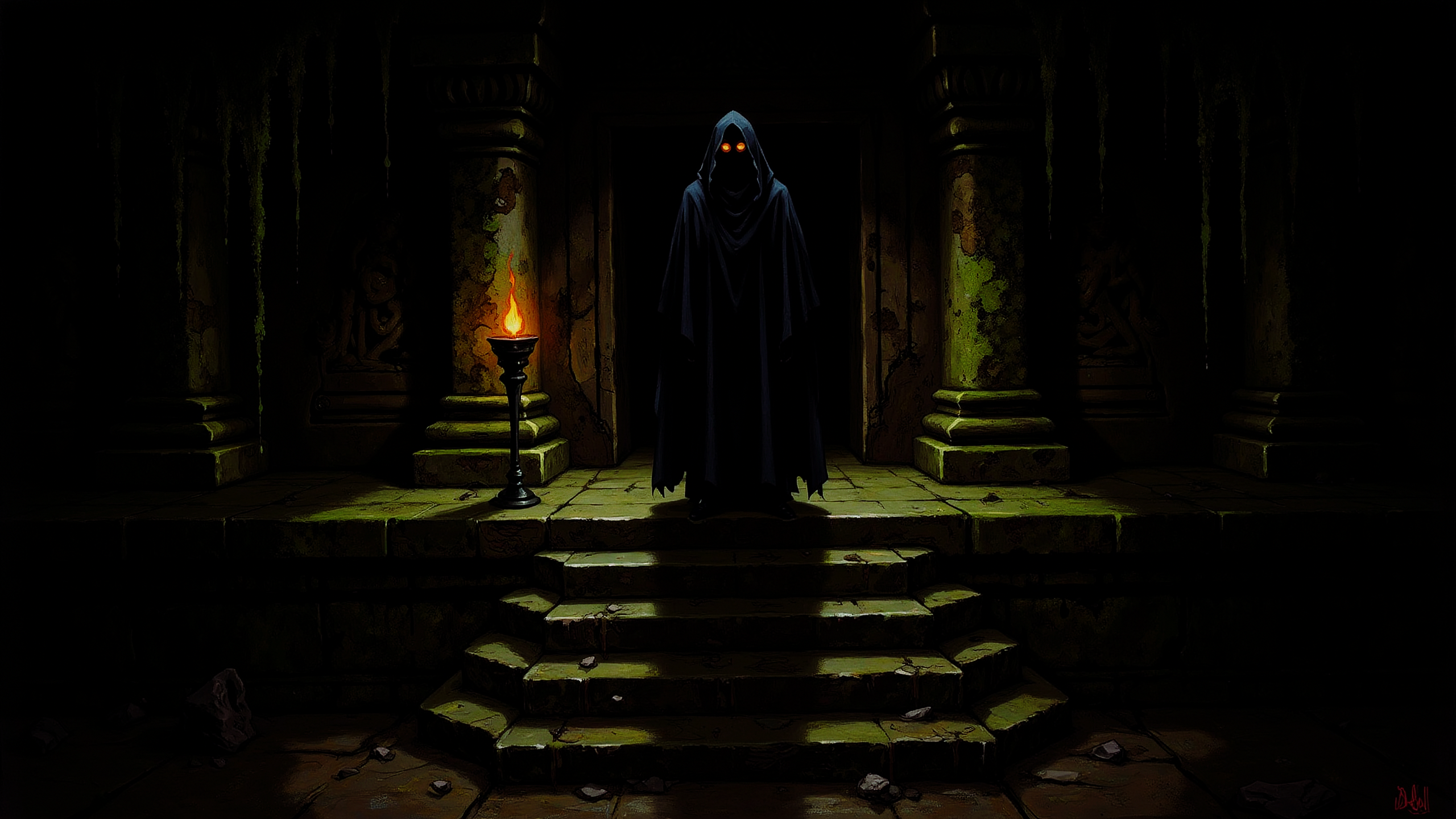 In an ancient underground temple complex, a mysterious scene unfolds amidst intricate carvings and mossy walls adorned with forgotten deities. Dripping stalactites cast eerie shadows on the damp stone floor, while a solitary torchlight flickers, adding to the oppressive atmosphere. The focus of this digital illustration is an enigmatic figure cloaked in darkness, standing atop a series of weathered steps leading deeper into the abyss. A single glowing eye pierces the shadows, hinting at something elusive and potentially dangerous lurking within the temple's depths. Every detail contributes to the mood: from the dripping stalactites and worn stonework to the haunting torchlight that casts a play of shadow and light across the scene. The illustration captures this mysterious, ominous environment in stark contrast with the figure, who appears poised yet elusive, waiting for an unseen challenge or opportunity. Digital Art Illustration (Mysterious, Dark, Atmospheric)