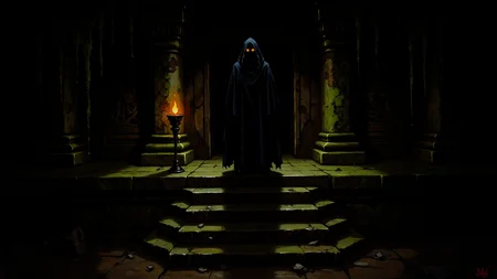 In an ancient underground temple complex, a mysterious scene unfolds amidst intricate carvings and mossy walls adorned with forgotten deities. Dripping stalactites cast eerie shadows on the damp stone floor, while a solitary torchlight flickers, adding to the oppressive atmosphere. The focus of this digital illustration is an enigmatic figure cloaked in darkness, standing atop a series of weathered steps leading deeper into the abyss. A single glowing eye pierces the shadows, hinting at something elusive and potentially dangerous lurking within the temple's depths. Every detail contributes to the mood: from the dripping stalactites and worn stonework to the haunting torchlight that casts a play of shadow and light across the scene. The illustration captures this mysterious, ominous environment in stark contrast with the figure, who appears poised yet elusive, waiting for an unseen challenge or opportunity. Digital Art Illustration (Mysterious, Dark, Atmospheric)
